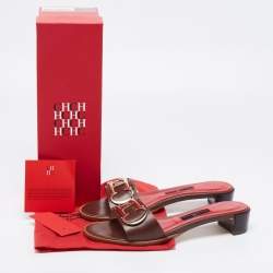 Pre Owned CH Carolina Herrera Brown/Red Leather Initials Slide Sandals Size 37