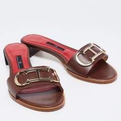 Pre Owned CH Carolina Herrera Brown/Red Leather Initials Slide Sandals Size 37