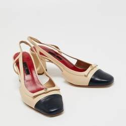 Pre Owned CH Carolina Herrera Cream/Black Leather Slingback Sandals Size 39