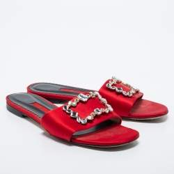 مملوكة مسبقًا CH Carolina Herrera Red Satin Crystal Embellished Slide Flats Size 38