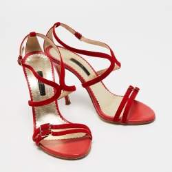 Pre Owned CH Carolina Herrera Red Leather Ankle Strap Sandals Size 39