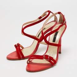 Pre Owned CH Carolina Herrera Red Leather Ankle Strap Sandals Size 39