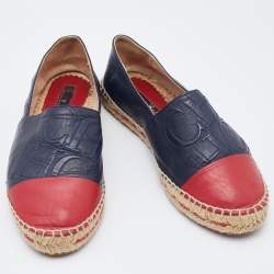 CH Carolina Herrera Navy Blue/Red Leather Cap Toe Espadrille Flats Size 38