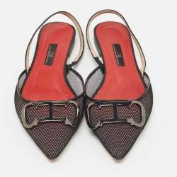 Pre Owned CH Carolina Herrera Black Mesh and Leather Logo Slingback Flats Size 39