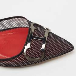 Pre Owned CH Carolina Herrera Black Mesh and Leather Logo Slingback Flats Size 39