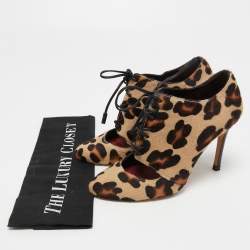 Pre Owned CH Carolina Herrera Brown/Black Calf Hair Lace Up Booties Size 36