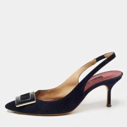 Pre Owned CH Carolina Herrera Navy Blue Suede Pointed Toe Slingback Pumps Size 37