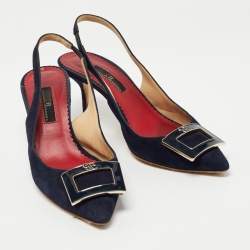 Pre Owned CH Carolina Herrera Navy Blue Suede Pointed Toe Slingback Pumps Size 37