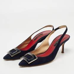 Pre Owned CH Carolina Herrera Navy Blue Suede Pointed Toe Slingback Pumps Size 37