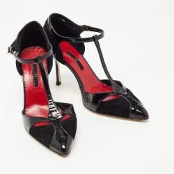 Pre Owned CH Carolina Herrera Black Leather and Suede T Strap Pumps Size 37 
