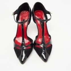 Pre Owned CH Carolina Herrera Black Leather and Suede T Strap Pumps Size 37 