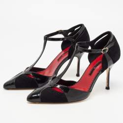Pre Owned CH Carolina Herrera Black Leather and Suede T Strap Pumps Size 37 