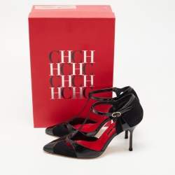 Pre Owned CH Carolina Herrera Black Leather and Suede T Strap Pumps Size 37 