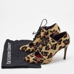 Pre Owned CH Carolina Herrera Brown/Black Calf Hair Lace Up Booties Size 38