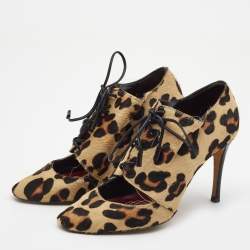 Pre Owned CH Carolina Herrera Brown/Black Calf Hair Lace Up Booties Size 38