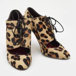 Pre Owned CH Carolina Herrera Brown/Black Calf Hair Lace Up Booties Size 38