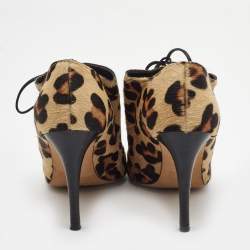 Pre Owned CH Carolina Herrera Brown/Black Calf Hair Lace Up Booties Size 38