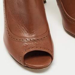 Pre Owned CH Carolina Herrera Brown Leather Peep Toe Ankle Booties Size 37