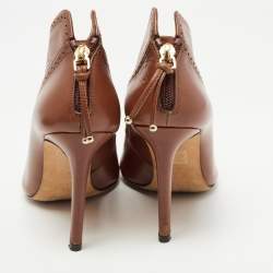 Pre Owned CH Carolina Herrera Brown Leather Peep Toe Ankle Booties Size 37
