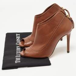 Pre Owned CH Carolina Herrera Brown Leather Peep Toe Ankle Booties Size 37