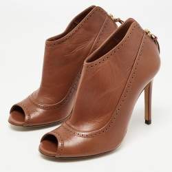 Pre Owned CH Carolina Herrera Brown Leather Peep Toe Ankle Booties Size 37