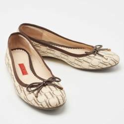 Pre Owned CH Carolina Herrera Cream Monogram Canvas Bow Cap Toe Ballet Flats Size 37