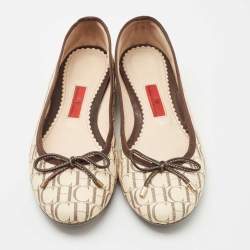 Pre Owned CH Carolina Herrera Cream Monogram Canvas Bow Cap Toe Ballet Flats Size 37