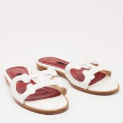 Pre Owned CH Carolina Herrera White Croc Embossed Leather CH Insignia Cutout Slide Sandals Size 37