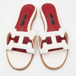 Pre Owned CH Carolina Herrera White Croc Embossed Leather CH Insignia Cutout Slide Sandals Size 37