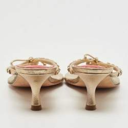 Pre Owned CH Carolina Herrera Gold Studded Leather Bow Logo Charm Thong Sandals Size 36