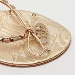 Pre Owned CH Carolina Herrera Gold Studded Leather Bow Logo Charm Thong Sandals Size 36