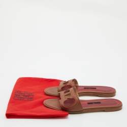 Pre Owned CH Carolina Herrera Brown Leather Insignia Cut Out Flat Slides Size 40