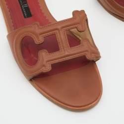 Pre Owned CH Carolina Herrera Brown Leather Insignia Cut Out Flat Slides Size 40