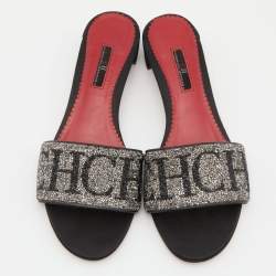Pre Owned صندل سلايد سي أتش كارولينا هيريرا جلد أحمر / ذهبي بزخارف كريستال مقاس 39