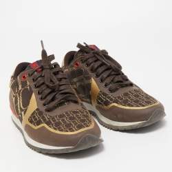 Pre Owned CH Carolina Herrera Brown/Gold Leather and Canvas Low Top Sneakers Size 37