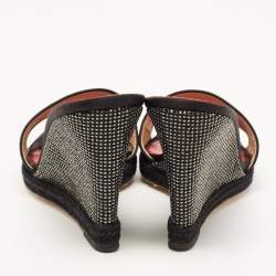 Pre Owned CH Carolina Herrera Black Satin Studded Wedge Sandals Size 38