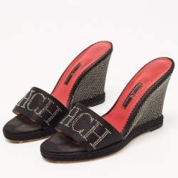 Pre Owned CH Carolina Herrera Black Satin Studded Wedge Sandals Size 38