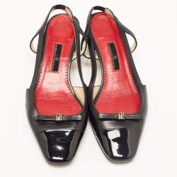 Pre Owned CH Carolina Herrera Black Leather and Patent CH Logo Bow Slingback Pumps Size 37