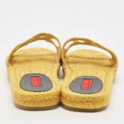 Pre Owned CH Carolina Herrera Yellow Leather Initials Insignia Cut Out Espadrille Flat Slides Size 38