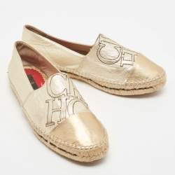 Pre Owned CH Carolina Herrera Metallic Gold Leather Cap Toe Espadrilles Size 38