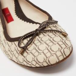 مملوكة مسبقًا CH Carolina Herrera Cream/Brown Monogram Canvas Bow Ballet Flats Size 38