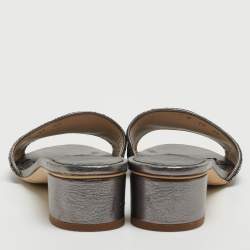 Pre Owned CH Carolina Herrera Grey/Black Leather Crystal Embellished Logo Slide Sandals Size 39