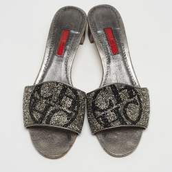 Pre Owned CH Carolina Herrera Grey/Black Leather Crystal Embellished Logo Slide Sandals Size 39