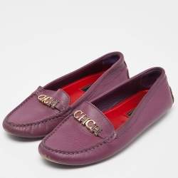 Pre Owned CH Carolina Herrera Purple Leather Logo Detail Loafers Size 37