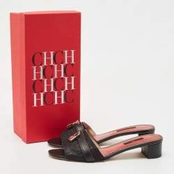 مملوكة مسبقًا CH Carolina Herrera Black Monogram Leather Traveller Locked Slide Sandals Size 40