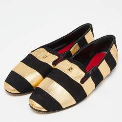 Pre Owned CH Carolina Herrera Black/Gold Leather and Suede Smoking Slippers Size 37