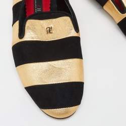 Pre Owned CH Carolina Herrera Black/Gold Leather and Suede Smoking Slippers Size 37