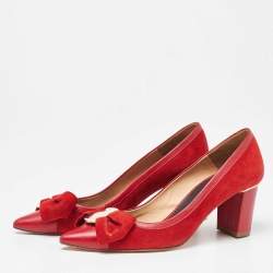 Pre Owned CH Carolina Herrera Red Leather and Suede Bow Pumps Size 37