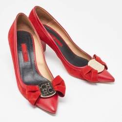 Pre Owned CH Carolina Herrera Red Leather and Suede Bow Pumps Size 37