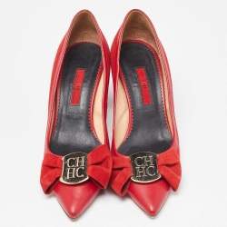 Pre Owned CH Carolina Herrera Red Leather and Suede Bow Pumps Size 37
